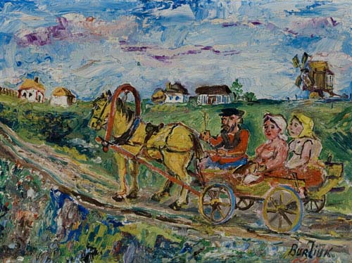 DAVID BURLIUK Peasants Riding a Horse Cart.